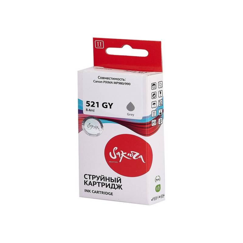 Струйный картридж Sakura 2937B004 (521 GY) для Canon PIXMA MP980/990, водорастворимый тип чернил, серый, 8,4 мл., 1400 к.